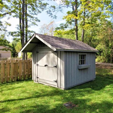 8 x 10 medium board and batten with double doors and a 2 foot gable overhang.