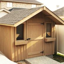 8 x 10 medium board and batten with a 2 foot gable overhang.