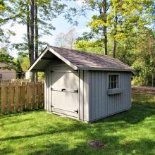 8 x 10 medium board and batten with double doors and a 2 foot gable overhang.