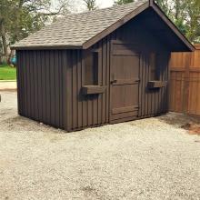 10 x 10 medium board and batten with a 2 foot gable overhang.